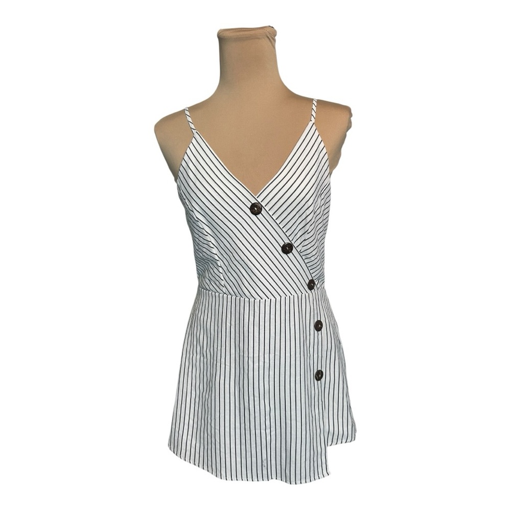 Doe & Rae Button Embellished Striped V-Neck Top - Size S, White/Blue